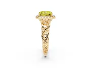 Fancy Yellow Radiant Cut Diamond Halo Ring Set in Yellow gold with Scrollwork Band and Prong Setting