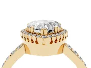 Heart Cut Diamond Halo Engagement Ring Set in Yellow gold with Milgrain Detail and Pavé Band
