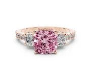 Cushion Cut Three Stone Pavé Engagement Ring Setting for a Fancy Pink Lab-Grown Diamond | Round Side Stones | Rose Gold