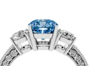 Fancy Blue Cushion Cut Diamond Three-Stone Ring Set in Silver with Round Side Stones and Pavé Band