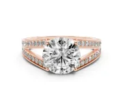 Round Cut Diamond Split Shank Ring Set in Rose gold with Pavé Band and Prong Setting