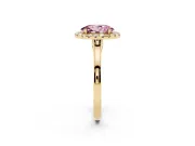 Fancy Pink Oval Cut Halo Round Diamond Solitaire Ring Set in Yellow gold with Pavé Band and Prong Setting
