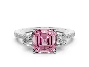 Asscher Cut Three Stone Engagement Ring Setting for a Fancy Pink Lab-Grown Diamond | Pave Shoulders | Platinum