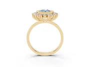 Fancy Blue Oval Cut Diamond Halo Ring Set in Yellow gold with Milgrain Edge and Round Prong Setting