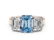 Emerald Cut Three Stone Engagement Ring Setting for a Fancy Blue Lab-Grown Diamond | Basket Prong Heads | Rose Gold