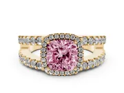Fancy Pink Cushion Cut Diamond Halo Ring Set in Yellow gold with Pavé Split Shank and Prong Setting