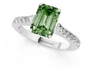 Fancy Green Emerald Cut Diamond Solitaire Engagement Ring Set in Silver with Delicate Pavé Band and Prong Setting