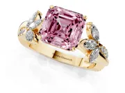 Fancy Pink Asscher Cut Diamond Floral Vine Solitaire Engagement Ring Set in Yellow gold with Marquise Leaves