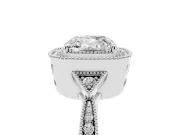 Cushion Cut Diamond Halo Engagement Ring Set in Platinum with Milgrain Pavé Band