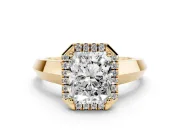 Radiant Cut Diamond Halo Ring Set in Yellow gold with Cathedral Band and Prong Setting