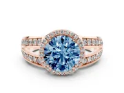 Round Halo Engagement Ring Setting for a Fancy Blue Lab-Grown Diamond | Split Shank | Rose Gold