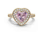 Fancy Pink Heart-Shaped Lab-Grown Diamond Milgrain Halo Solitaire Ring Set in Yellow Gold with Bezel Set Side Stones and Pavé Band