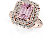 Fancy Pink Emerald Cut Diamond Double Halo Statement Ring Set in Rose gold with Pavé Band
