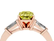 Fancy Yellow Emerald Cut Diamond Solitaire Ring Set in Rose gold with Tapered Baguette Accents and Prong Setting