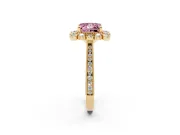 Fancy Pink Princess Cut Diamond Halo Milgrain Pavé Ring Set in Yellow gold with Prong Setting