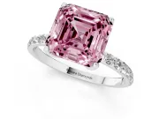 Fancy Pink Asscher Cut Diamond Solitaire Engagement Ring Set in Platinum with Round Pavé Band and Prong Setting