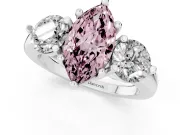 Fancy Pink Marquise Cut Diamond Three-Stone Ring Set in Platinum with Prong Setting and Classic Band