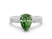 Fancy Green Pear Cut Diamond Solitaire Milgrain Engraved Band Set in Silver with Prong Setting
