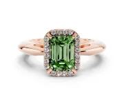 Fancy Green Emerald Cut Diamond Halo Engagement Ring Set in Rose gold with Plain Split Shank and Prong Setting