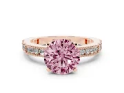Fancy Pink Round Cut Diamond Solitaire Ring Set in Rose gold with Slim Pavé Band and Prong Setting