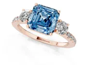 Asscher Cut Three Stone Engagement Ring Setting for a Fancy Blue Lab-Grown Diamond | Pave Shoulders | Rose Gold