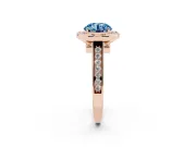Fancy Blue Round Cut Diamond Halo Solitaire Ring Set in Rose gold with Pavé Band and Bezel Setting