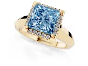 Fancy Blue Princess Cut Diamond Halo Ring Set in Yellow gold with Cathedral Band and Prong Setting