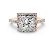 Princess Cut Diamond Halo Pavé Solitaire Ring Set in Rose gold with Prong-Set Center Stone