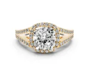 Cushion Cut Halo Engagement Ring Setting | V-Split Pavé Band | Yellow Gold