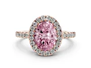 Fancy Pink Oval Cut Diamond Pavé Band Halo Engagement Ring Set in Rose gold with Prong Setting