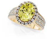Fancy Yellow Oval Cut Diamond Halo Ring Set in Yellow gold with Pavé Band and Raised Center Setting