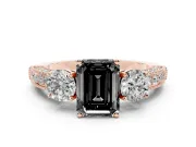 Fancy Black Emerald Cut Diamond Three-Stone Ring Set in Rose gold with Round Side Stones and Pavé Band