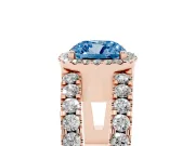 Fancy Blue Cushion Cut Diamond Halo Ring Set in Rose gold with Pavé Split Shank and Prong Setting