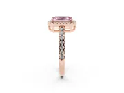 Fancy Pink Emerald Cut Diamond Halo Ring Set in Rose gold with Delicate Pavé Band and Prong Setting