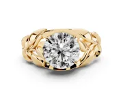 Round Cut Diamond Leaf-Inspired Engagement Ring Set in Yellow gold with Round Accents