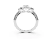 Emerald Cut Diamond Three-Stone Ring Set in Silver with Round Side Stones and Pavé Band