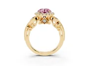 Fancy Pink Round Cut Diamond Halo Ring Set in Yellow gold with Milgrain Pavé Band and Prong Setting