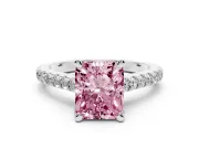 Fancy Pink Radiant Cut Diamond Solitaire Ring Set in Silver with Brilliant Pavé Band and Prong Setting