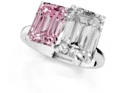 Fancy Pink Emerald Cut and Emerald Cut Toi Moi Ring Set in Platinum with Prong Setting