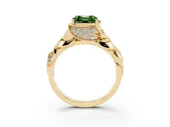 Fancy Green Asscher Cut Diamond Leaf-Inspired Engagement Ring Set in Yellow gold with Round Accents