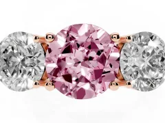 Fancy Pink Round Cut Diamond Three-Stone Ring Set in Rose gold with Prong Setting and Plain Band