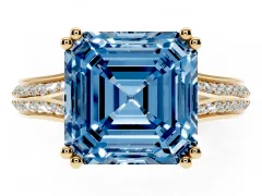 Fancy Blue Asscher Cut Diamond Split Shank Pavé Engagement Ring Set in Yellow gold with Prong-Set Center Stone
