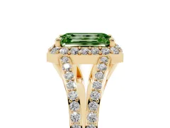 Fancy Green Emerald Cut Diamond Halo Split Shank Pavé Ring Set in Yellow gold with Prong Setting