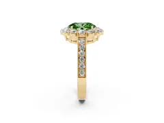 Fancy Green Oval Cut Diamond Halo Pavé Engagement Ring Set in Yellow gold with Milgrain Detailing