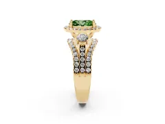 Fancy Green Oval Cut Diamond Halo Split Shank Ring Set in Yellow gold with Round Accent Stones and Prong Setting