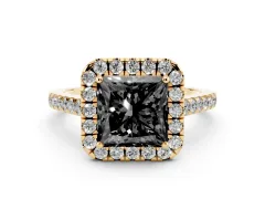 Fancy Black Princess Cut Diamond Halo Pavé Engagement Ring Set in Yellow gold with Prong Setting