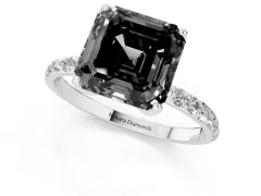 Fancy Black Asscher Cut Diamond Solitaire Engagement Ring Set in White gold with Round Pavé Band and Prong Setting