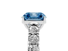 Fancy Blue Asscher Cut Diamond Solitaire Ring Set in Platinum with Cut-Down Micro Pavé Band and Prong Setting