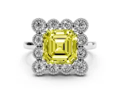 Fancy Yellow Asscher Cut Diamond Cluster Halo Ring Set in Silver with Milgrain Bezel Accents and Plain Band
