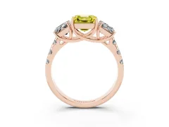 Fancy Yellow Asscher Cut Diamond Three-Stone Ring Set in Rose gold with Pavé Band